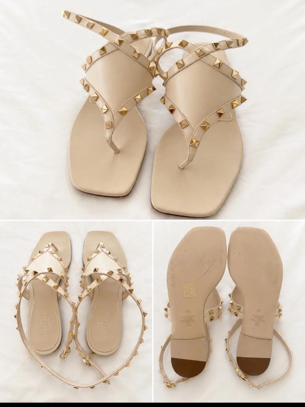 Valentino Beige Leather Rockstud Thong Sandals with Gold Studs